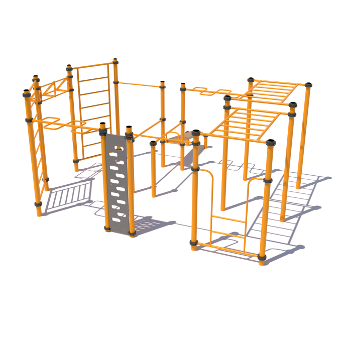 Mix of handrails and horizontal bars with Swedish walls, press bench and climbing board SW-11.48