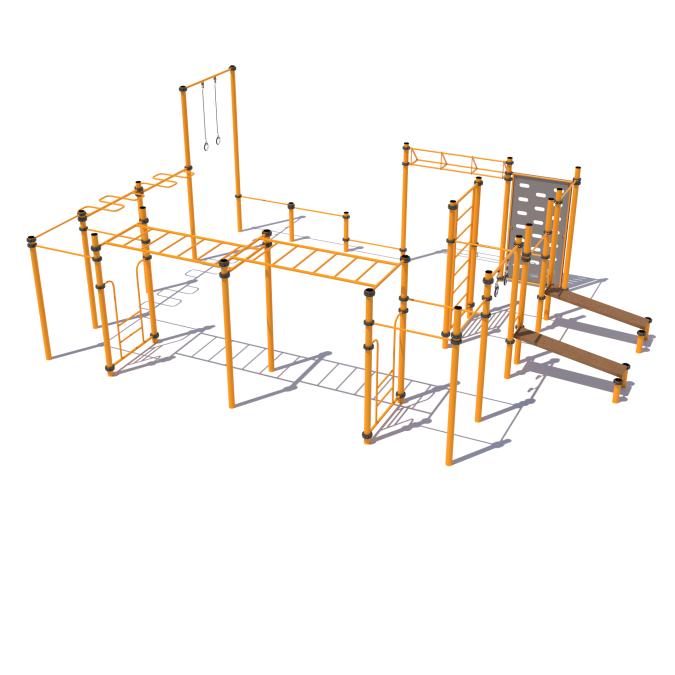 Mix of handrails and horizontal bar unit with  Swedish walls, press benches, rings and climbing board SW-11.49